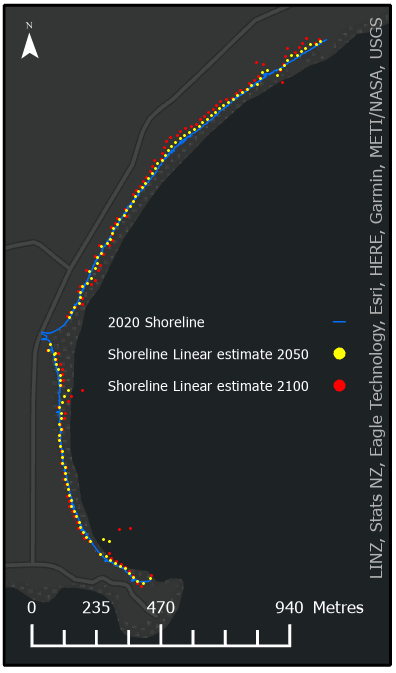 Figure 2: Estimate of 2050 and 2100 shoreline with linear net erosion / accretion. Errors using a linear model to predict a dynamic coast