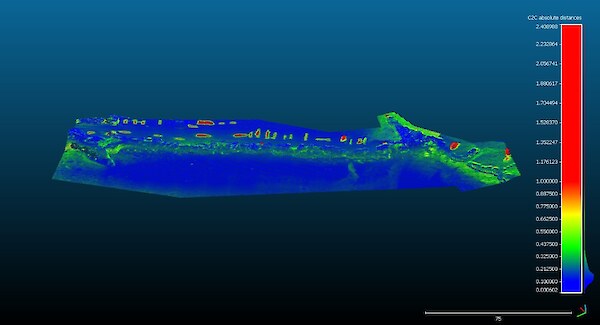 Figure 5: Cloud compare software comparing the May survey of the Monkey Island shoreline against the February survey. C2C absolute distances measured in metres