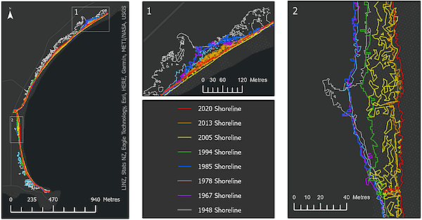 Figure 1: Curio Bay shorelines derived from historic satellite imagery